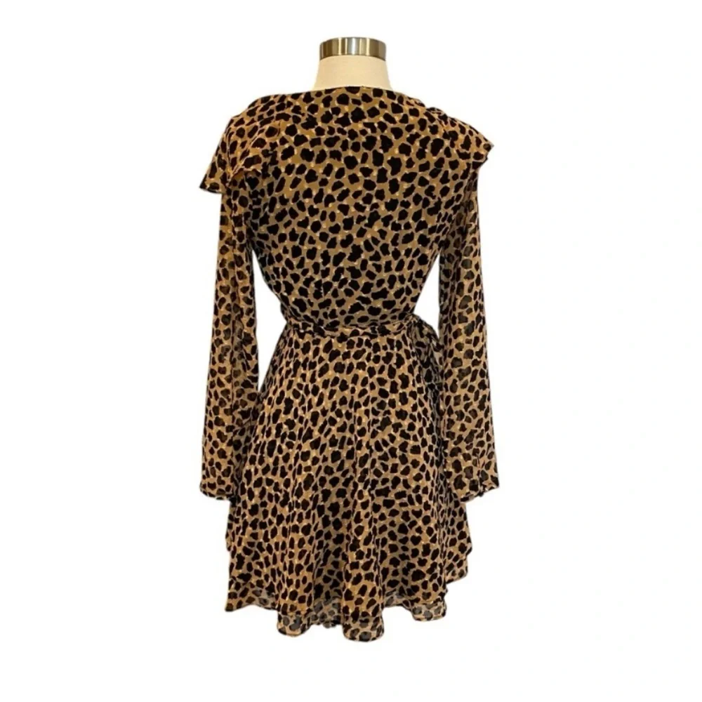 Free People Frenchie Leopard Print Georgette Mini Wrap Dress Boho Ruffle XS
